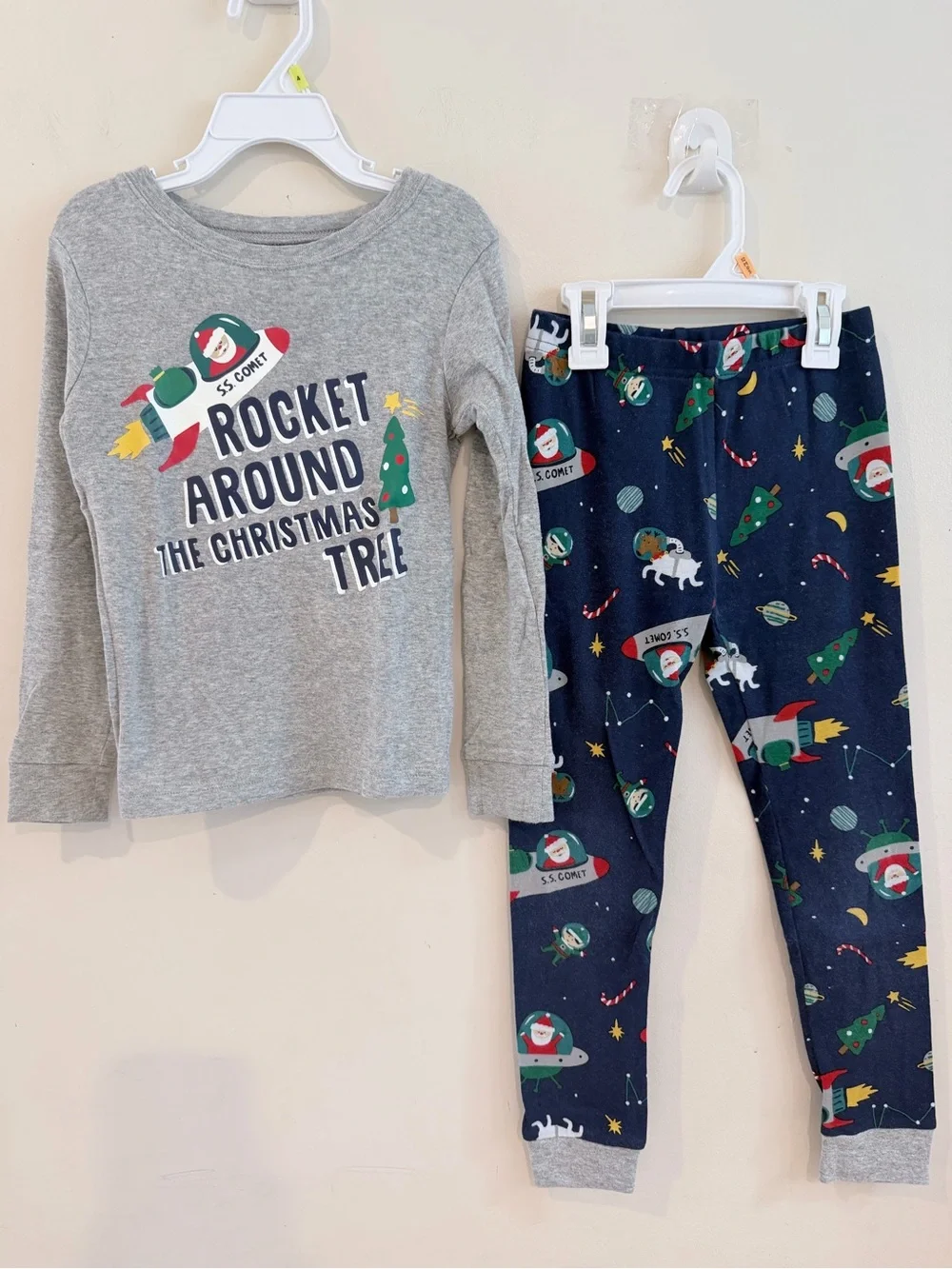 Carter's Grey Top and Navy Rocket Christmas Pajama Set